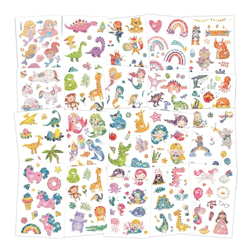 Partywind 310 Styles Glitter Party Supplies for Kids, Temporary Tattoos for Kids Birthday Party Decorations Favors, Surprise Goodie Bag Stuffers with Dinosaur/Mermaid/Animals (28 Sheets)