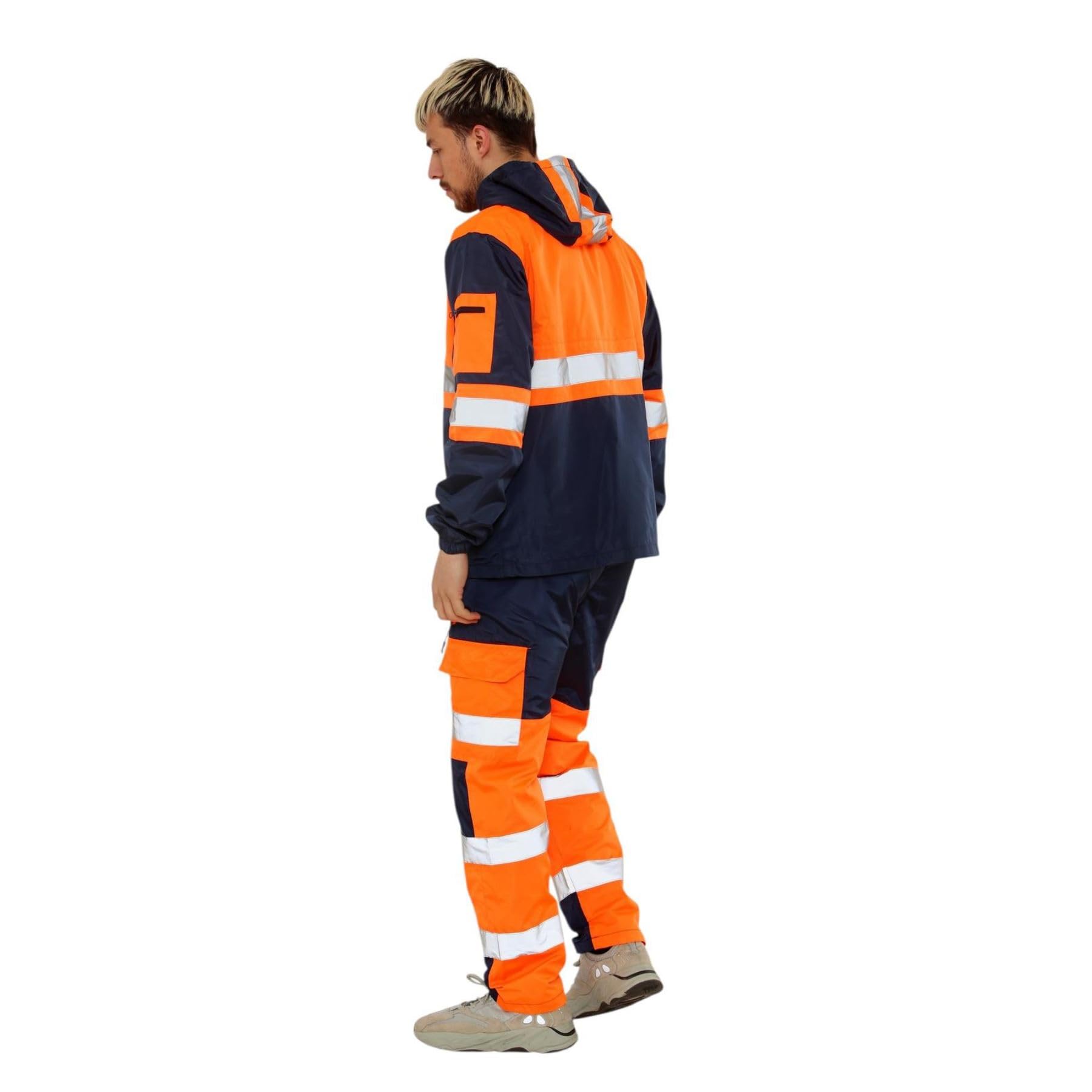 janisramone Tuta da uomo con nastro riflettente ad alta visibilità, felpa con cappuccio a maniche lunghe con zip e pantaloni elastici in vita, per pioggia, sicurezza edilizia, abbigliamento da lavoro