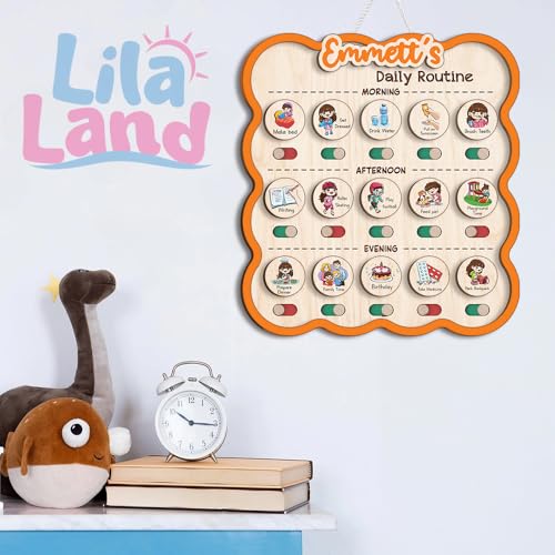 Image of Personalized Wooden Chore Chart for Kids, Daily Routine Chart for Toddlers, Visual Schedule for Kids Age 3-5, Morning Bedtime Routine for Girls (06)