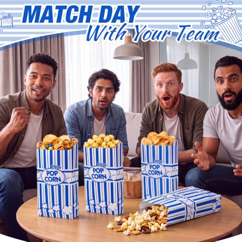 Image of Potchen 300 Pcs Popcorn Paper Bags Disposable Grease Resistant Striped Popcorn Container for Movie Night Carnival Party Theater (Blue,2 oz)