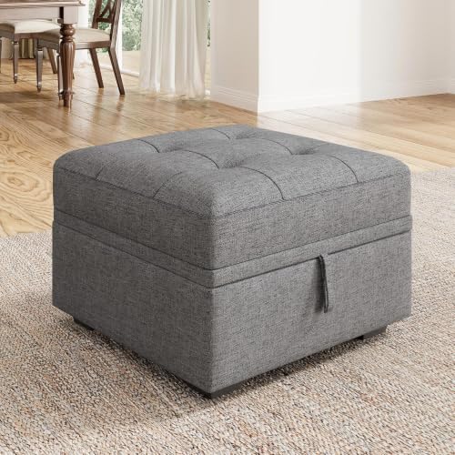 Image of HONBAY Small Storage Ottoman Upholstered Square Bench Ottoman for Living Room,Linen Grey