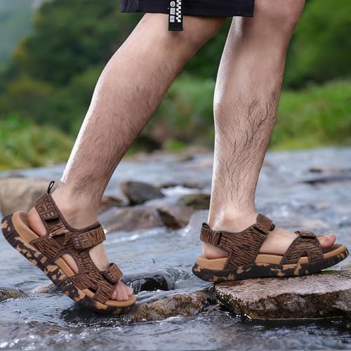 Image of KuaiLu Mens Leather Hiking Sandals with Orthopedic Arch Support Footbed | Sport Recovery Athletic Waliking Sandals For Man Outdoor Summer Casual Thick Cushion Beach Water Fisherman Sandal Size 7-15