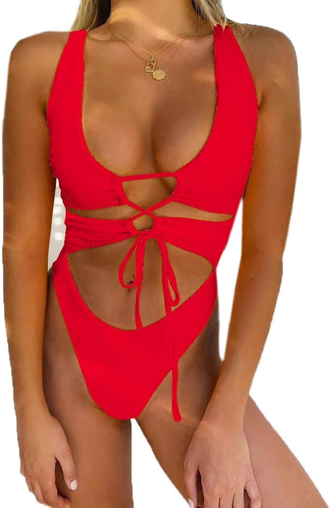 CHYRII Women's Sexy Cutout Lace Up Backless High Cut One Piece Swimsuit Monokini