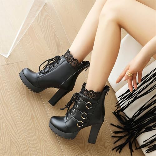 Image of FOREADA Goth Platform Heel Combat Boots Women Pearl Lace Victorian Booties