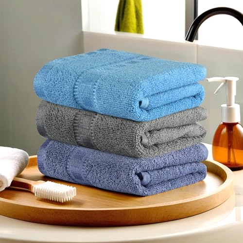 Image of Urbane Home Pack of 3 Cotton Hand /Face Towels for Men & Women | Easily Washable | Workout Gym Napkins for Men | Pocket Towel - Dark Blue-Grey & Sky Blue