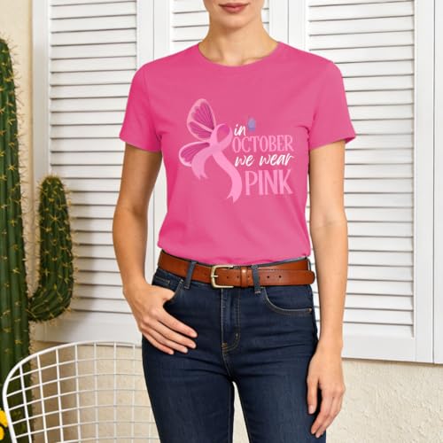 Image of Breast Cancer Awareness Ribbon Shirt Women-in October We Wear Pink Tees | Meaningful October Breast Awareness Cancer Shirt Pink Butterfly Short Sleeves Perfect for Survivors and Family Supporters