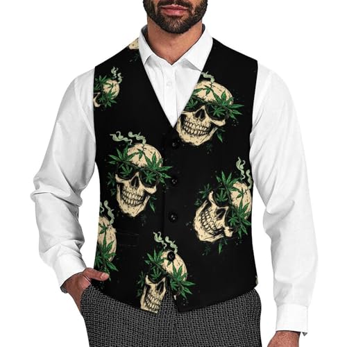 Weed Skull Mens Slim Fit Suit Vest Dress Waistcoat Casual Business Vest