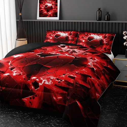 Image of Nttopship Soccer Bedding Comforter Set King Size for Kids Teens and Adults, Red and Black Football Printed Bedding Sets 3 PCS,Ball Sports Themed Bedroom Decor with 1 Comforter and 2 Pillowcases