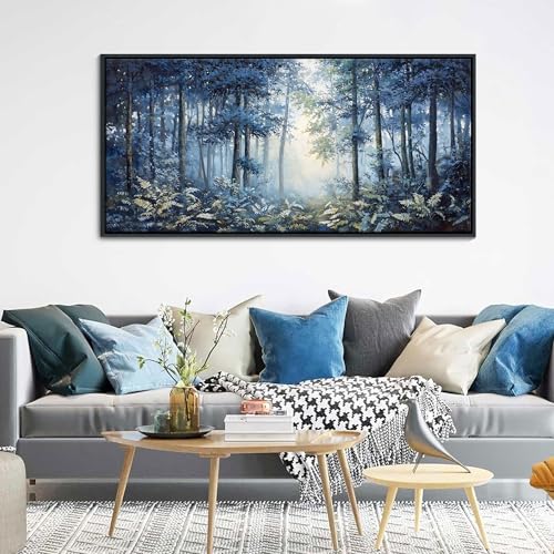 Image of Forest Canvas Wall Art for Living Room - Navy Blue Bedroom Wall Art, Landscape Pictures Wall Decor, Forest Painting, Framed Nature Tree Artwork Walls 24x48IN
