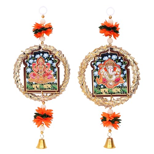 Image of Akaar Decor Lakshmi Ganesha Hanging Wall Decor Set of 2 | Traditional Diwali Decoration for Home Entrance, Pooja Room & Temple | Floral Hanging with Bell & Golden Wreath Design