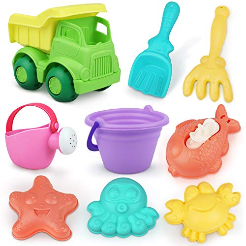 Giocattoli da Spiaggia, 9 Pezzi Giochi Spiaggia con Formine Secchiello Sabbia, Set Mare Giocattoli Giochi Estivi per Bambini