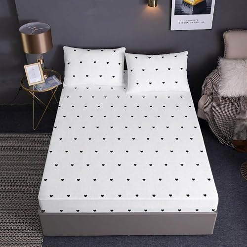 TACOKI Sabanas Bajeras 135x190 Corazón Sábanas Bajeras Blanco y Negro Ajustable Suave y Cómoda Sabana Bolsillo Profundo 30 cm, para Grueso Colchón, Sabanas Cama 135 5414v