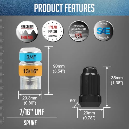Image of Wheel Accessories Parts 20 Pcs 7 /16 inch-20 Thread Car Spline 35mm 1.38 inch Long Lug Nuts Black Spline Hex Fits Many Classic Chevrolet Buick GMC Pontiac Vehicles