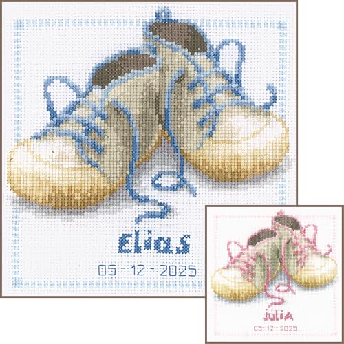 VERVACO Kit Punto De Cruz Bebe Nacimiento Regalos DIY Completo BLUE LACED SHOES Creativo Manualidades Creatividad Adultos Decoracion Pared Bordar Kit Principiantes ca. 19 x 19 cm Cross Stitch