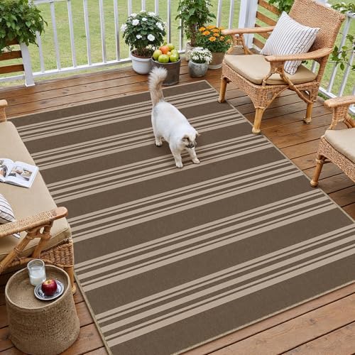 Striped Easy Jute 3x5 Outdoor Patio Rug Brown Washable Area Rugs for Entryway Indoor Outdoor Living Room Carpet Non Slip Office Farmhouse Neutral Door