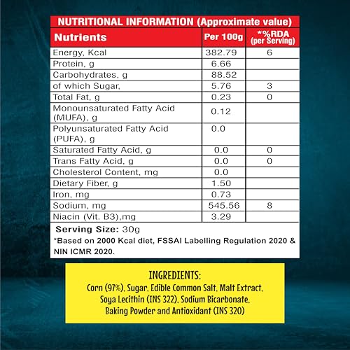 Image of 8AM Corn Flakes 500 Gram, 97% Corn, 99% Fat Free, No Cholesterol, Trans Fat, Artificial Additives, Vitamins B1, B2, B3, B6, B9, Iron, Calcium, Crunchy & Nutritious Cereal
