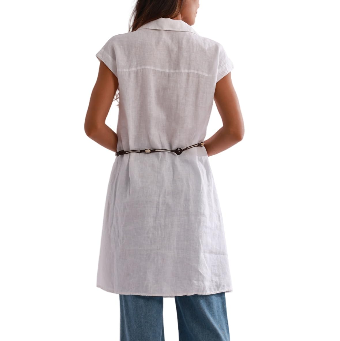 Amazhiyu Robe midi d'été décontractée en pur lin avec poches et ceinture pour femme
