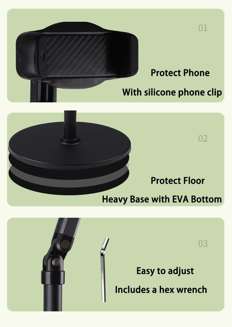 Soporte de suelo para teléfono móvil para grabación, soporte alto ajustable con brazo de extensión ultra largo, giro de 360°, compatible con iPhone, Samsung y más