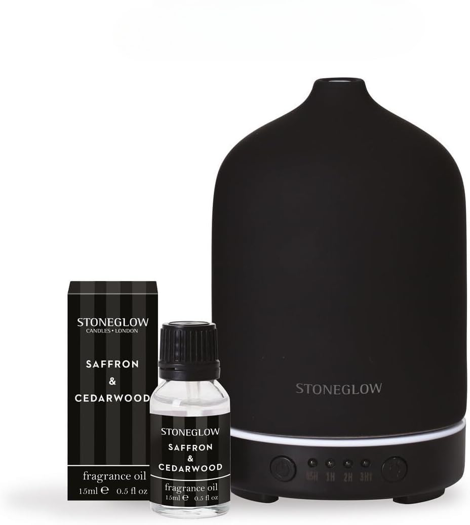 Stoneglow Black Modern Classics Perfume Mist Diffuser Starter Kit With Saffron & Cedarwood Fragrance Oil