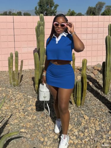 Image of HBQ Women's Casual 2 Piece Skirt Sets Polo Collar Crop Top Striped Mini Dress Summer Vacation-Stripe