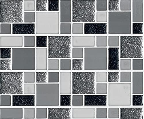 Generic LONGKING -10-Sheet Peel and Stick Tile for Kitchen/Bath Backsplash, Marble Decorative Tiles - Irregular Square White, Dark Gray, and Silver Tiles with White Grout