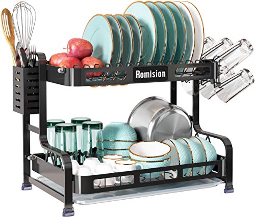 2 Tier Dish Rack, romision Stainless Steel Large Dish Drying Rack and Drainboard Set with Utensil Holder, Cup Holder and Dish Drainer for Kitchen Counter(Black) 2 Tier Dish Rack, romision Stainless Steel Large Dish Drying Rack and Drainboard Set with Utensil Holder, Cup Holder and Dish Drainer for Kitchen Counter(Black)