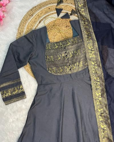 Image of Chanderi Cotton Anarkali Dress Set with Jacquard Weaving and Zari Border, Traditional Indian Ethnic Wear Gown for Weddings, Festivals, and Special Occasions