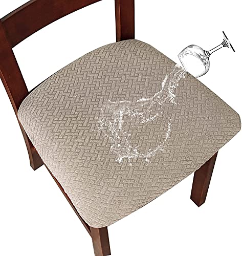 LANSHENG Fundas para sillas Pack de 6 Fundas sillas Comedor Fundas elásticas, Fundas de Asiento para Silla,Diseño Jacquard Cubiertas de la sillas Funda de Asiento sin Respaldo (Pack de 4,Arena)