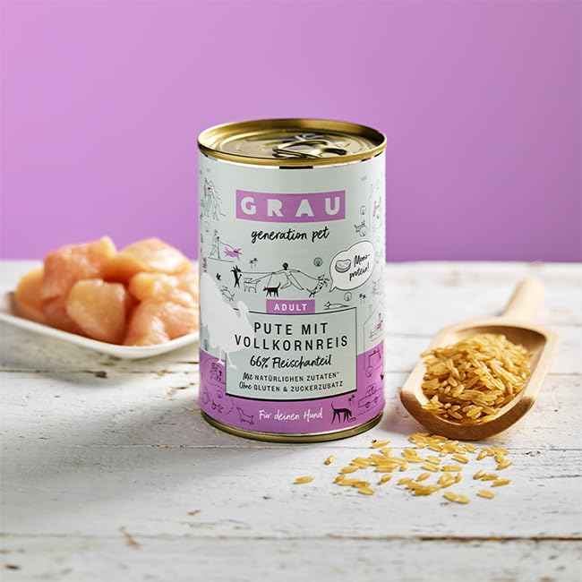 GRAU – das Original – Nassfutter für Hunde - Pute mit Vollkornreis, 6er Pack (6 x 200 g), Monoprotein, glutenfrei, für Erwachsene Hunde