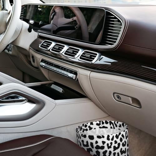 Image of Small Car Trash Can, Black and White Leopard Design Hanging Foldable Car Trash Bag, Waterproof Leakproof Garbage Bin, Car Interior Organizer Accessories