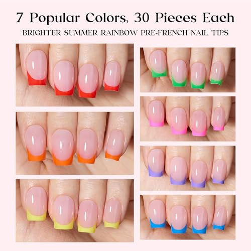 Image of Beetles Summer Press On Nails 210 Pcs 7 Colors, French Tip Nails Short Square Classic Fake Nail Tips, Rainbow Soft Gel Nails False Nails Art DIY For Women