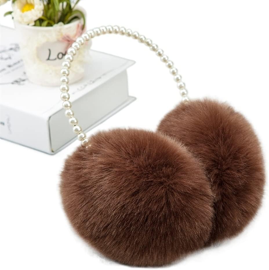 Women Girls Winter Fluffy Plush Earmuffs Thicken Imitation Pearl Beaded Headband Ear Warmer Styling Headwear