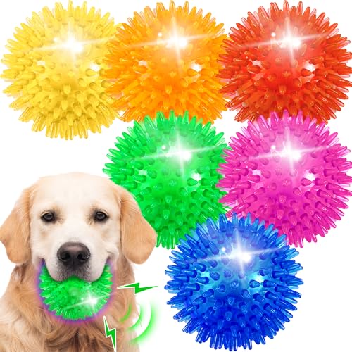 Ousiya 6 Pack 3.5 Light Up Squeaky Dog Toy Balls Spiky Dog Balls for Small Medium Large Dogs