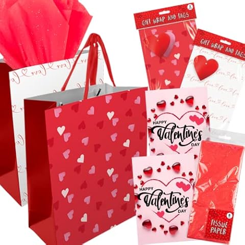 Large Valentines Gift Bag - Large Red Heart Gift Bag 2X, Gift Wrap with Tag 2X, Tissue Paper 2X and Valentines Card 2X - Elegant Valentines Bag, Love Heart Design, Valentine Gift Bag for Him & Her Cover