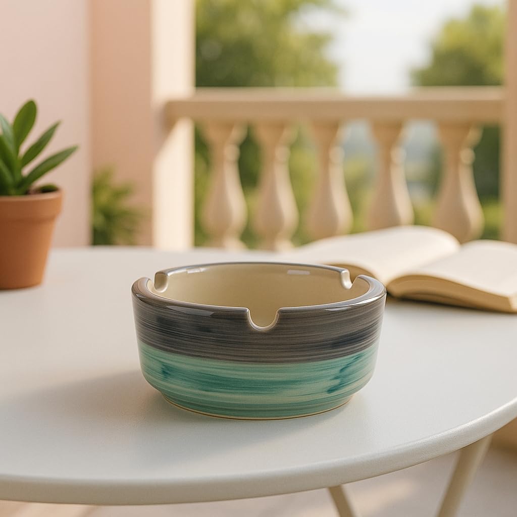 Xtore® Contemporary Ceramic Ashtray for Clean Tabletop Use | Dual-Tone Glazed Round Ash Holder with Resting Notches for Indoor & Outdoor Spaces (Grey & Mint Green, Medium Size)-image-32
