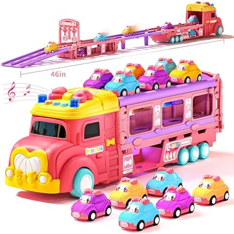 Eohemeral Toddler Girls Toys for 2 3 4 5 6 Year Old, Transport Truck Car Toys with 46 in Ejection Race Track, Folding Storage Car Carrier with 6 Mini Cars for Kids Christmas Party Birthday Gifts Cover