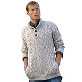100% Irish Merino Wool Traditional Button Neck Aran Sweater by West End Knitwear