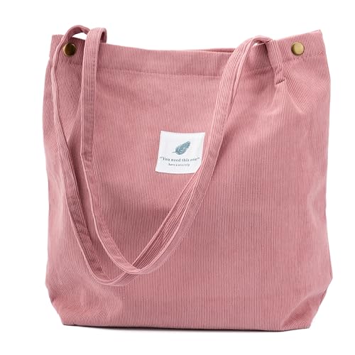 TOPASION Bolsa de ombro de lona de veludo cotelê fofa para mulheres viagens compras, rosa, Large