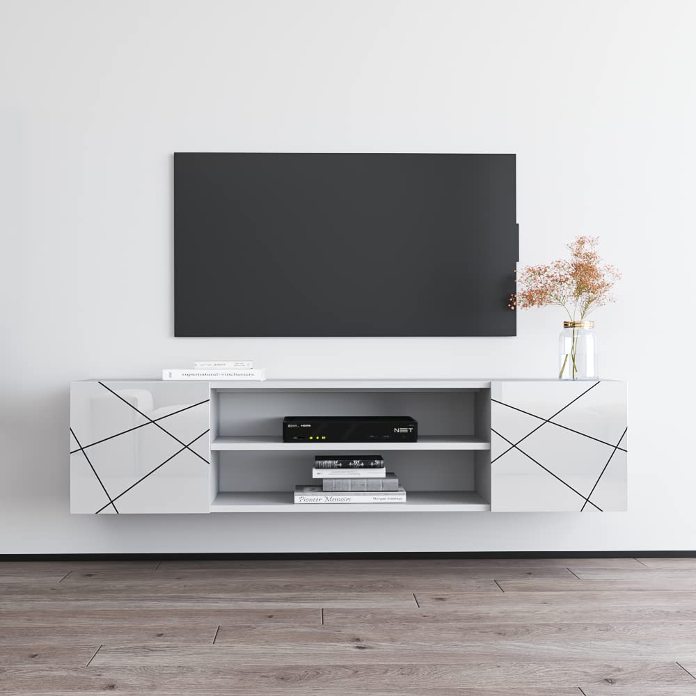 London EF TV Stand for TVs up to 70", Modern High Gloss 63" Entertainment Center, TV Media Console with Storage Cabinets