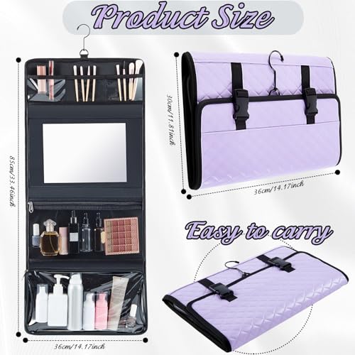 Travel Hanging Toiletry Bag with Mirror Leather Travel Hanging Mirror Foldable Dance Competition Makeup Bag Backstage Cosmetic Organizer for Traveling Dancers Artists Home Spa(Purple)2