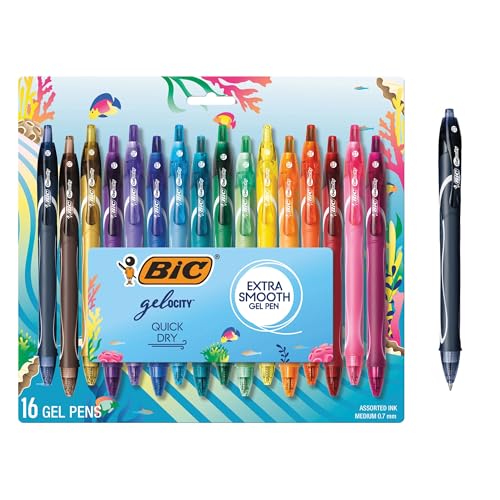 BIC Gelocity Quick Dry Ocean Themed Gel Pen Set with Fast-Drying Ink and Retractable Design, 16-Count in Assorted Ink