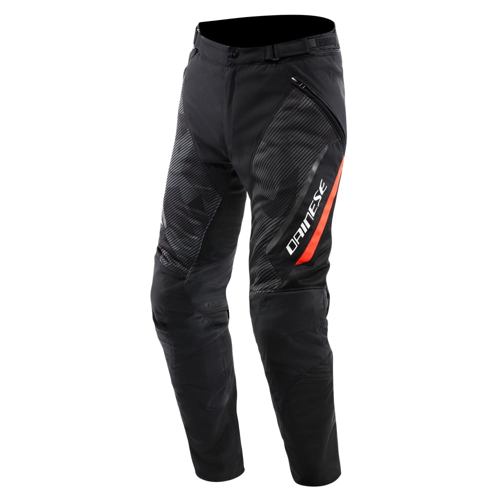 DAINESE - Drake 2 Super Air Tex Pants, Mesh Motorcycle Trousers, Ventilated and Lightweight, with Removable Protectors, Black/Anthracite/Red-Fluo, 56