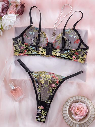 Image of Sexy Floral Embroidered Flower Mesh Underwire Push Up Lingerie Set