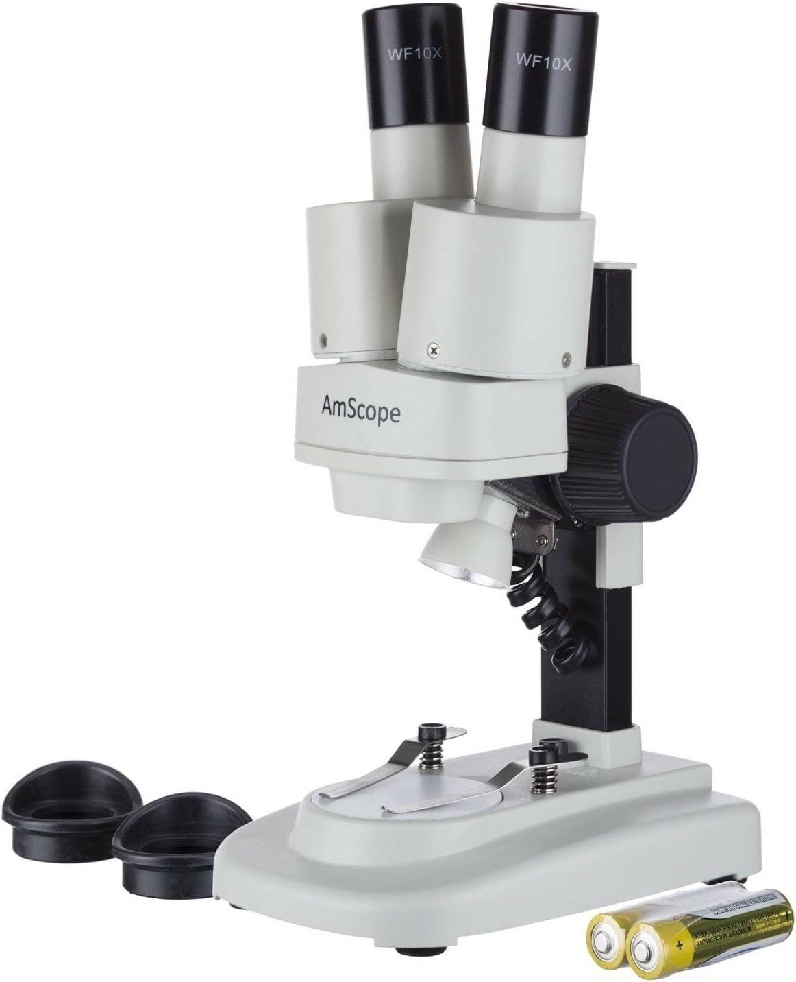 AMSCOPE-KIDS SE100X Portable Binocular Stereo Microscope, WF5X and WF10x Eyepieces, 10X and 20X Magnification, 2X Objective, Tungsten Light Source, Reversible Black/White Stage Plate, Battery-Powered