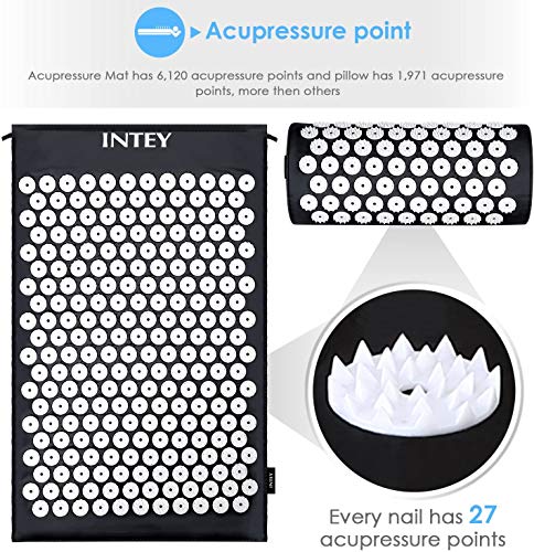 INTEY Wellness Therapy Acupressure Mat Set, Relief Muscle Pain and Stress, Acupuncture Mat and Pillow Cushion for Back, Neck & Feet Massage with Carry Bag (Black)