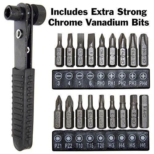 Right Angle Close Quarters Ratcheting Reversible Screwdriver Set with 18 Bits by EX ELECTRONIX EXPRESS