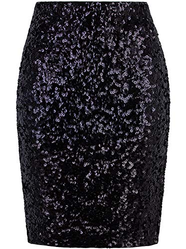Vijiv Womens Elegant Stretchy High Waist Sequin Pencil Skirt Midi Sparkle Glitter Bridesmaid Skirts Party Black Small