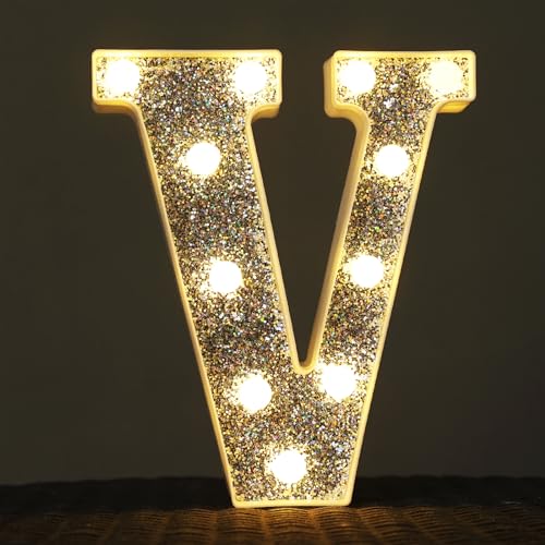 Image of LED Marquee Light Up Letters, 26 Alphabet Lighted Letter and 10 Number, Battery Powered Night Light for Room Decor, Home Birthday Wedding Bar Party Decoration, Shiny Silver Diamond (Letter V)