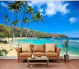 3D Wallpaper Beautiful Hanauma Bay Oahu Hawaii Coconut Palm Trees White Sandy Beach Removable Waterproof Large Wall Mural Wall Background Decorative Decals Modern Decor Print Design(Not Self-Adhesive)