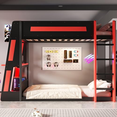Image of GDFStudio Twin Over Twin Bunk Bed Frame with Desk, USB and LED Light, Solid Wood Gaming Bunk Twin Bed with Storage Shelves, High Loft Bed Twin Size with Under Entertainment Space, Black+Red